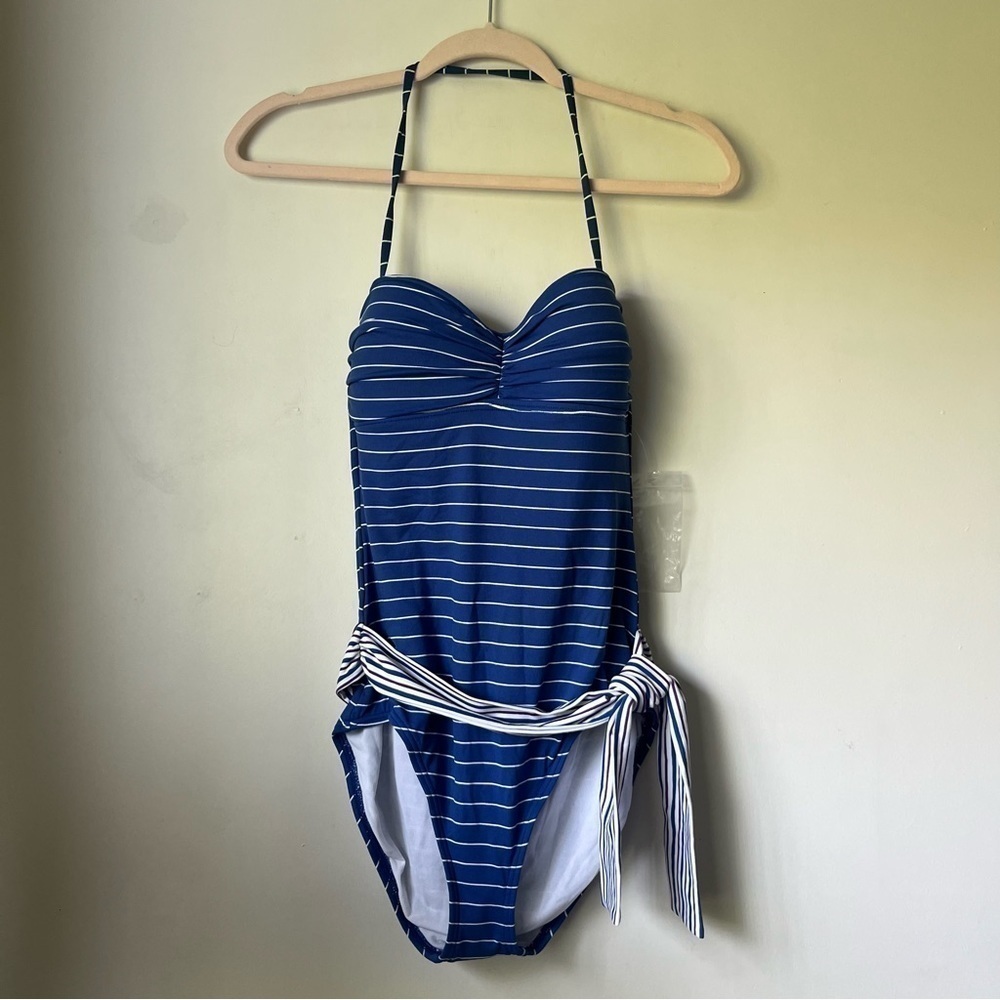 Tommy Bahama Blue White Striped Belted Swim One Piece Bathing Suit 8